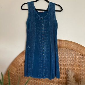 Denim mini dress with button down front and subtle embroidery